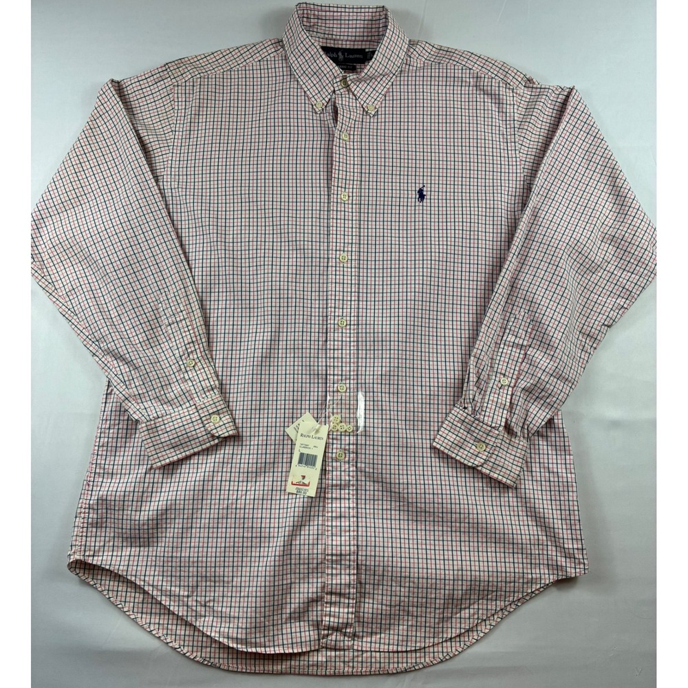 Ralph Lauren Button Down Shirt Mens Large Pink Navy Plaid NWT Classic Fit Cotton